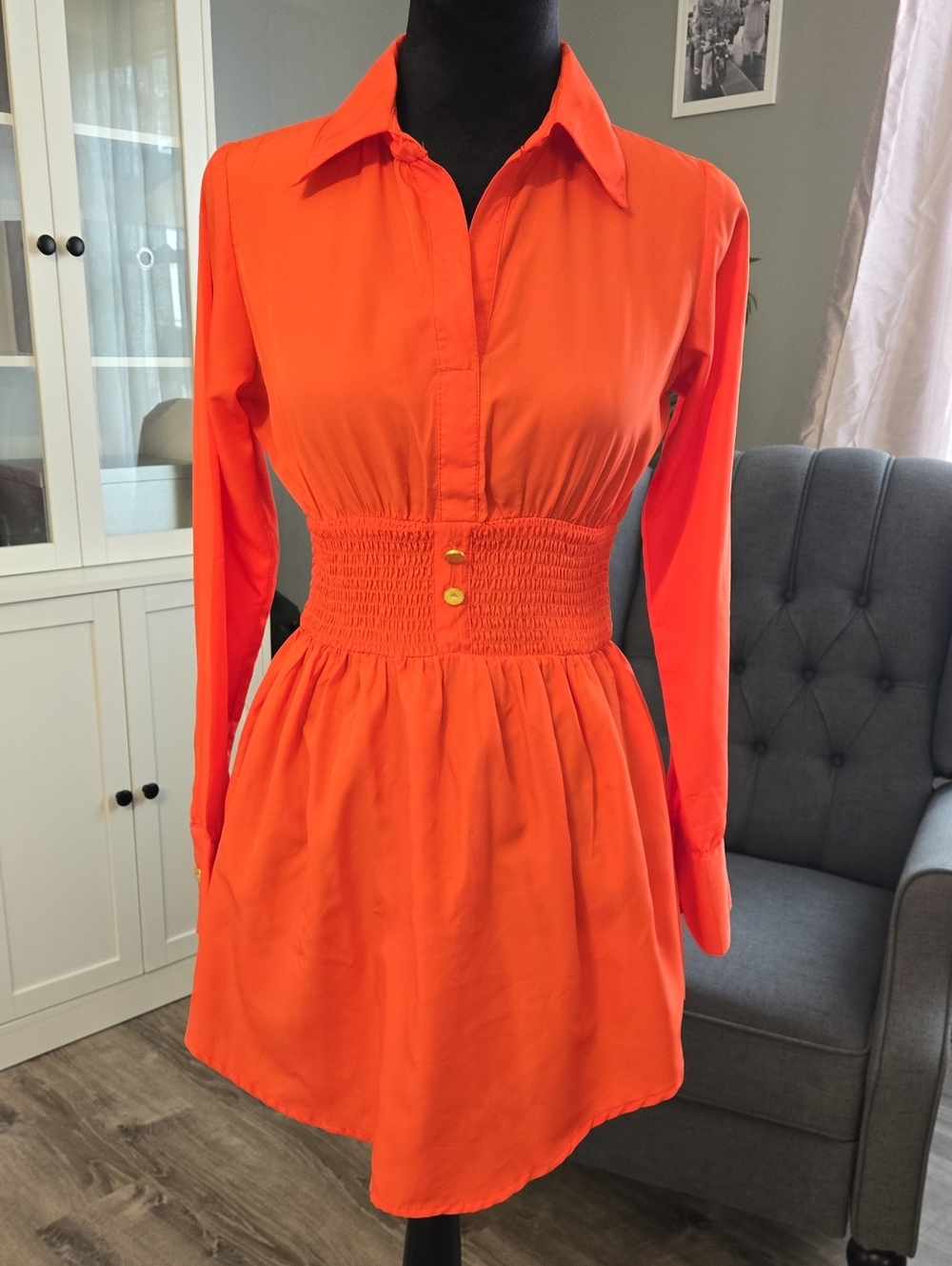 GIRL SOUL Vibrant Orange Long Sleeve Smocked Waist Shirt Dress
